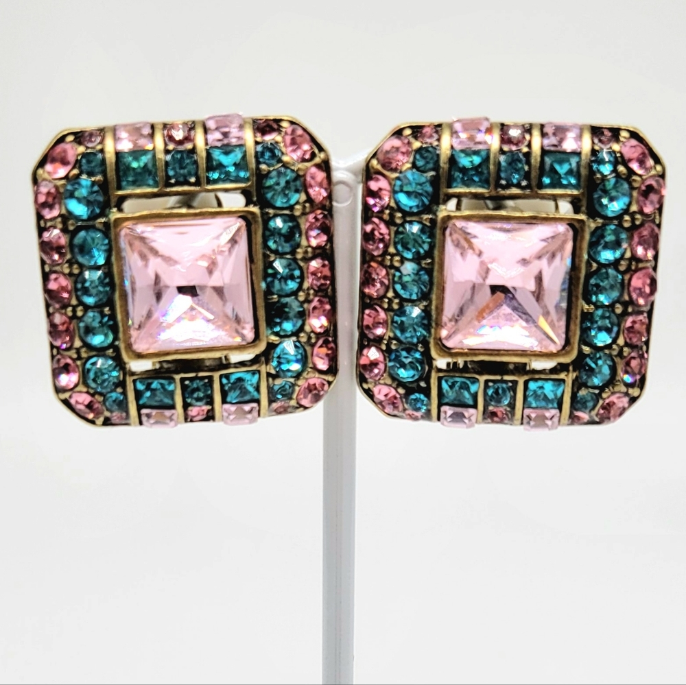 Heidi Daus Pink Diamond and Blue Topaz Swarovski Crystal Rounded Square Earrings